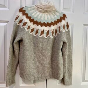J. Crew Cream, Brown & Mint Fair Isle Turtleneck Sweater